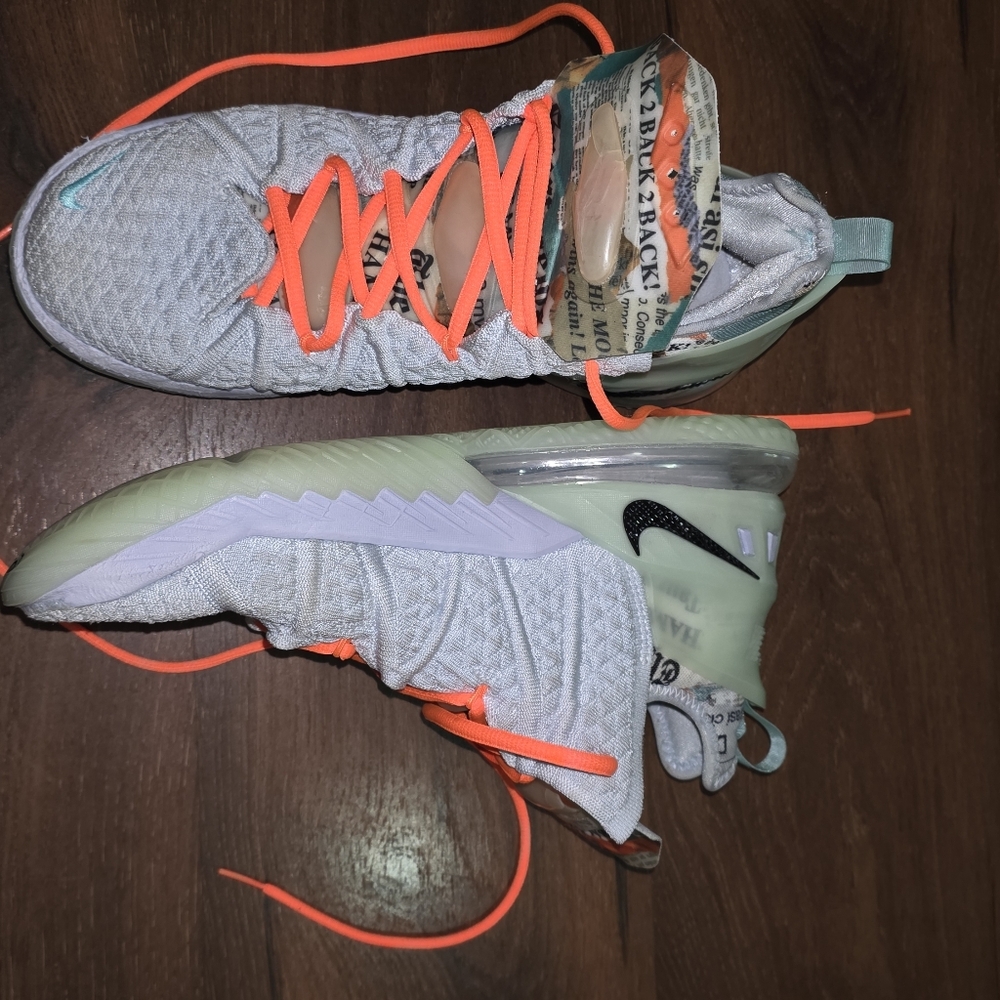 Diana Taurasi + Lebron 18's - Nike Light Gray with Neon Orange Shoelaces.